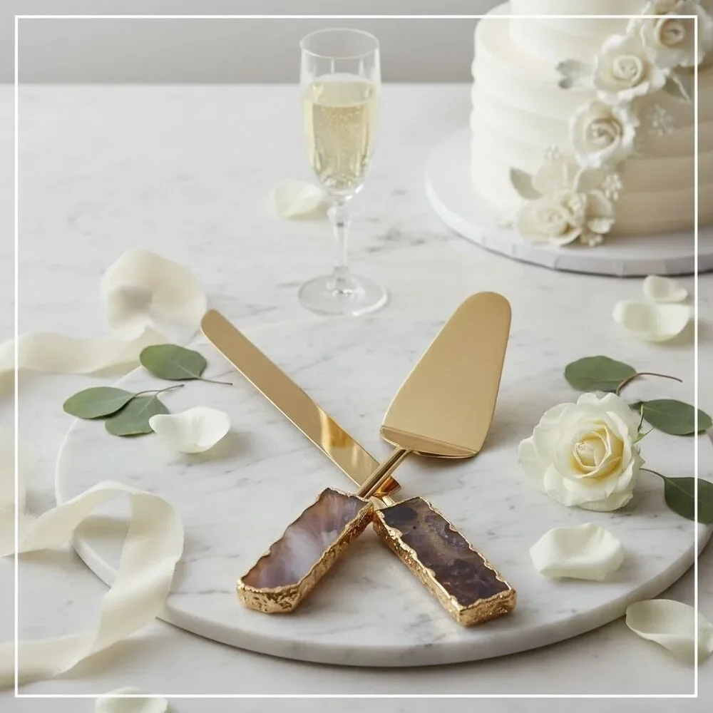 Anthropologie Agate Amethyst Cake Server Knife Set Gold Tone Wedding NWT Gift